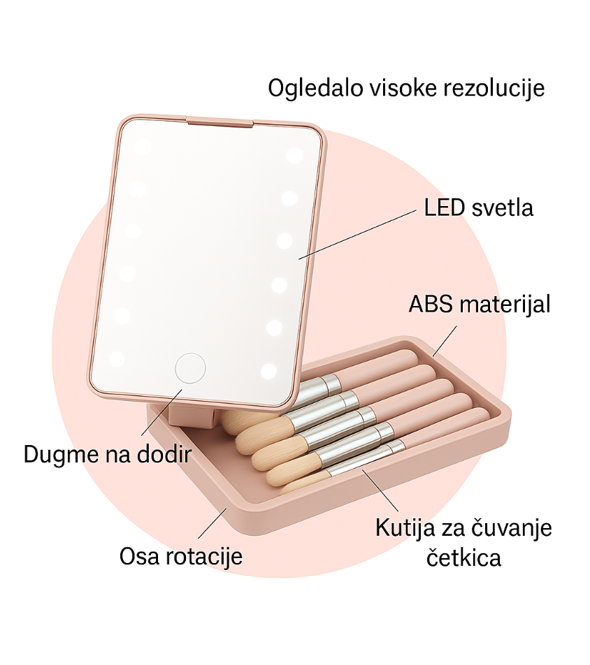 Set četkica za šminkanje sa LED ogledalom
