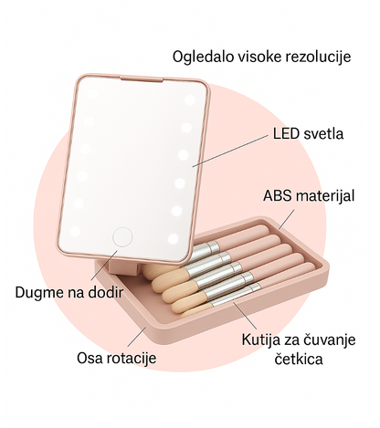 Set četkica za šminkanje sa LED ogledalom