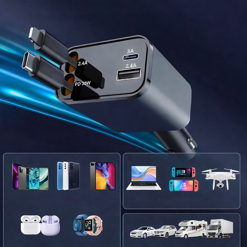 Najbrži 4 u 1 Auto Punjač – Brzo i pametno punjenje za sve uređaje